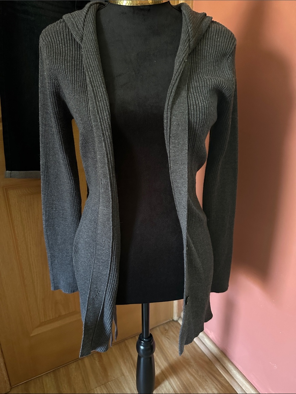 Sonoma Charcoal Gray Hooded Ribbed Open-Front Cardigan
